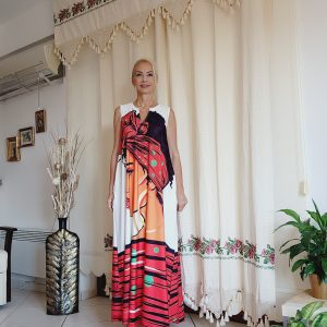 KREM KIRMIZI  MİXVİRAGE UZUN ELBİSE