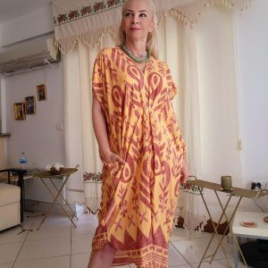 SARI KİREMİT BÜZGÜLÜ MİDİ ELBİSE