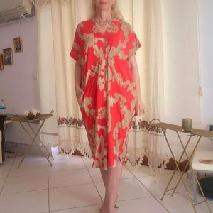 NAR ÇİÇEĞİ BEJ BÜZGÜLÜ MİDİ ELBİSE