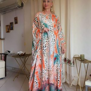 TURUNCU YEŞİL ALA MAKSİ ELBİSE