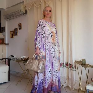 MOR SARI ALA MAKSİ HAVAİ ELBİSE