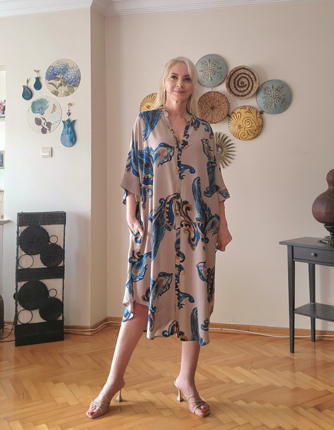 BEJ ŞAL DESEN CEYLİN GÖMLEK ELBİSE