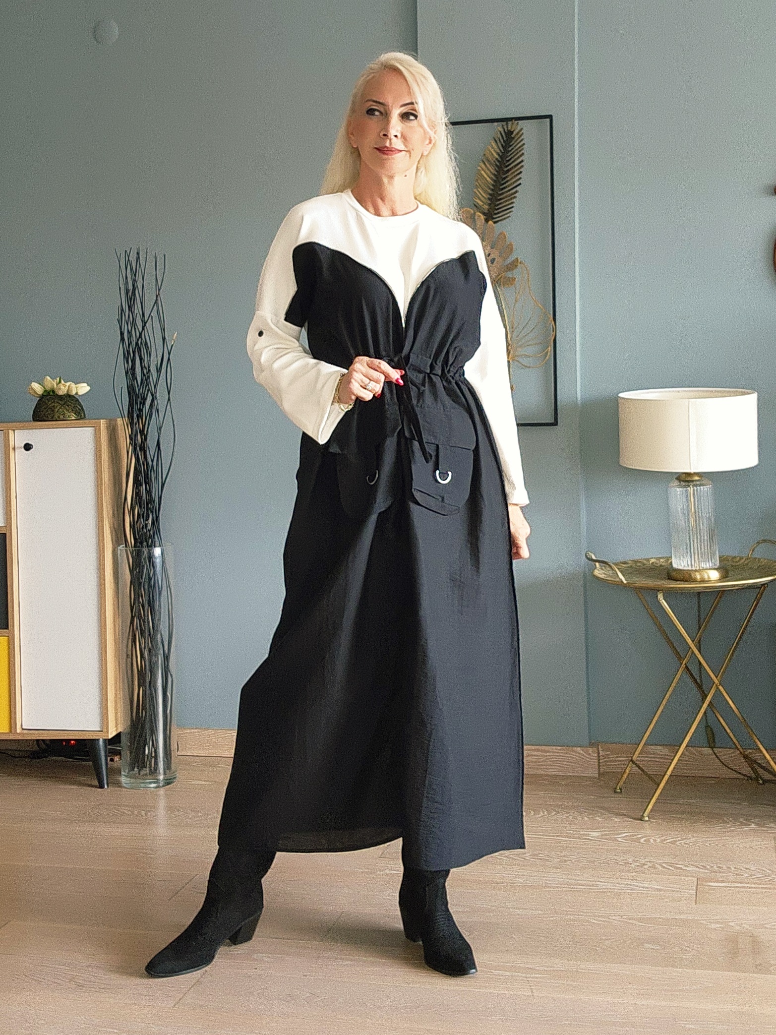 KREM SİYAH FERMUARLI ALA ELBİSE - Görsel 6