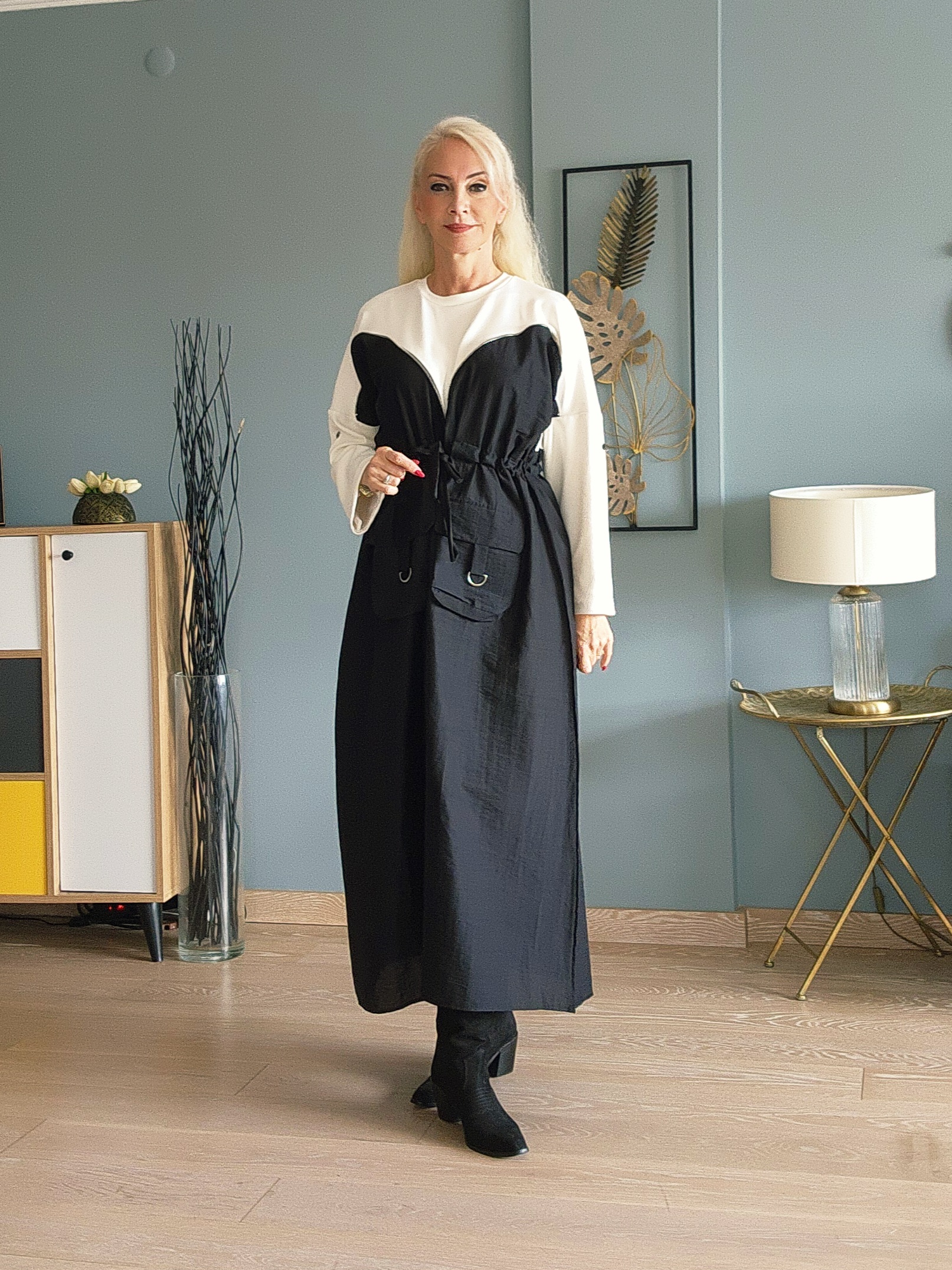 KREM SİYAH FERMUARLI ALA ELBİSE - Görsel 3