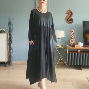 SİYAH DERİ DETAY ELBİSE