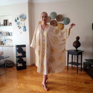 KREM GOLD MERCAN BASKILI GÖMLEK ELBİSE